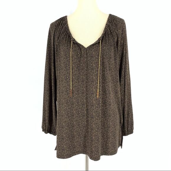 Michael Kors Black Blouse V-Neck Chain Chevron Print Women's Size Medium - Picture 1 of 10